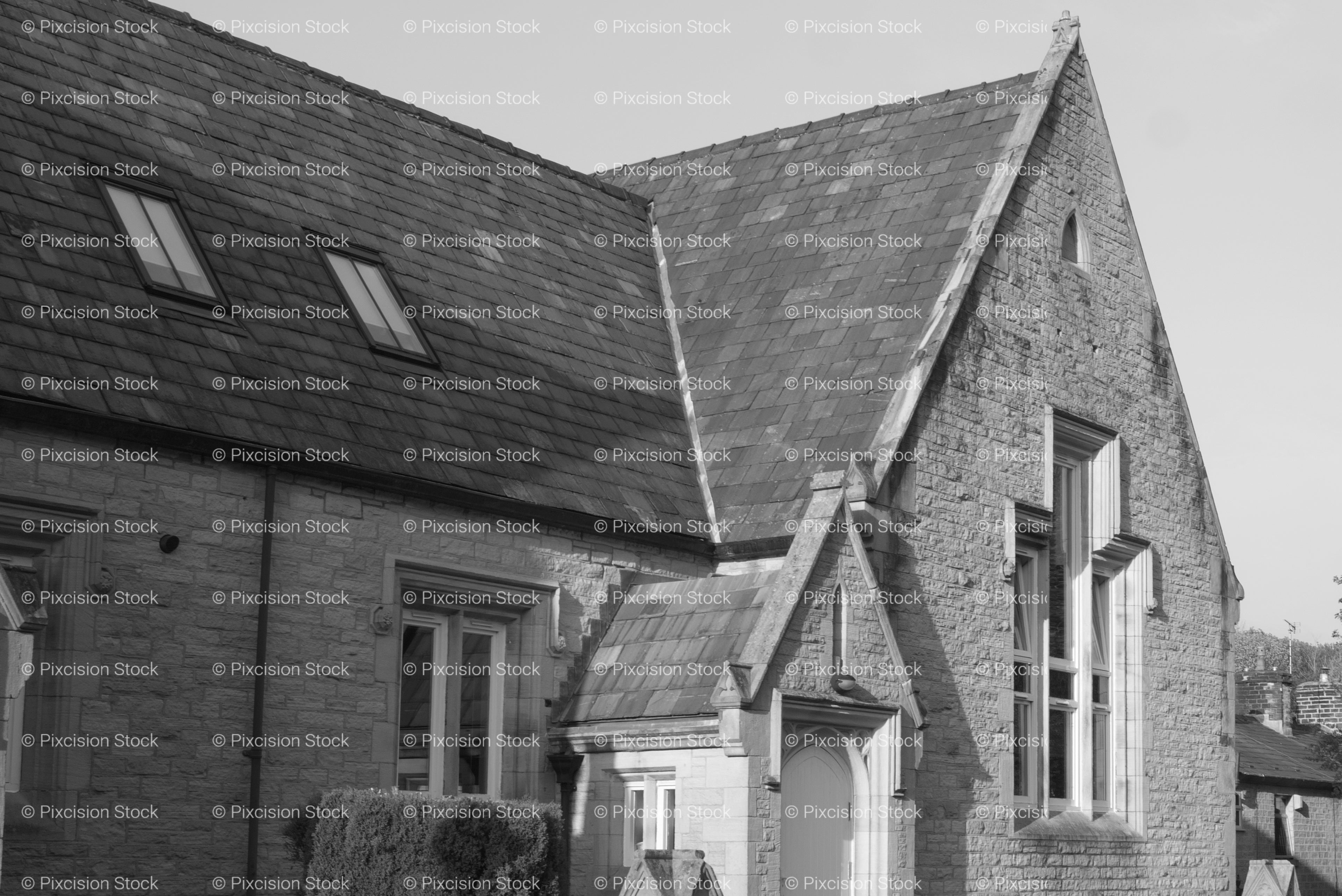 Side Elevation of a Historic Stone Building or Schoolhouse (Monochrome)