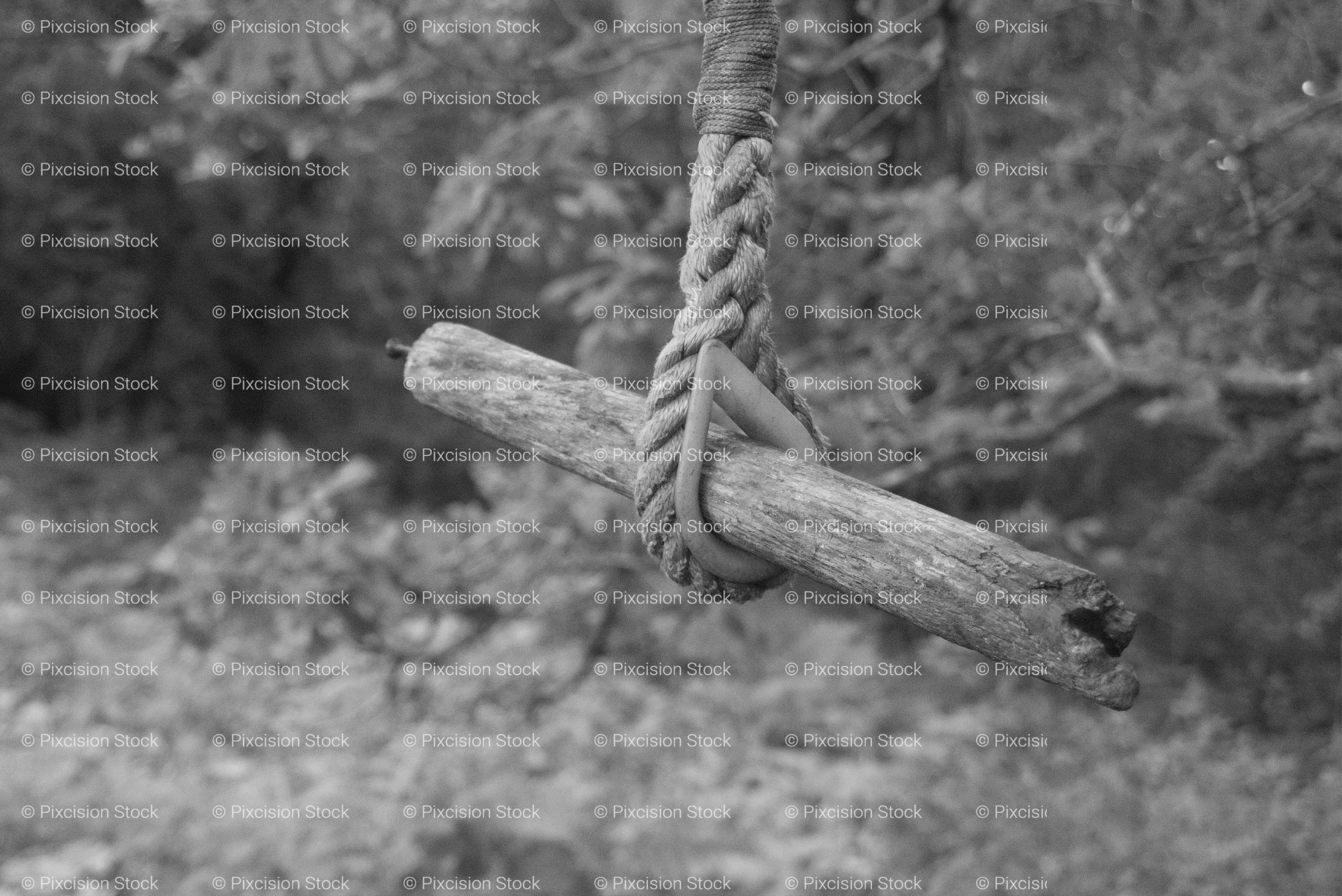 Close-Up of a Rustic Rope and Wood Swing Hanging Outdoors (Monochrome)