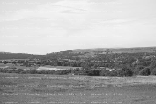 Open Rural Field Leading Towards Distant Hills (Monochrome) - Stock Video