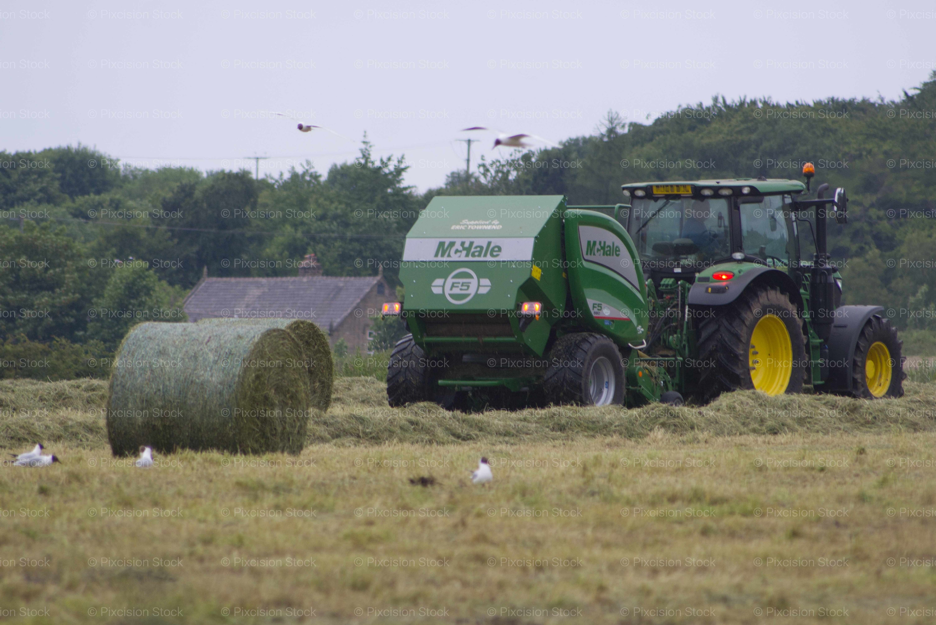 Tractor and McHale Baler Harvesting Hay in a Field