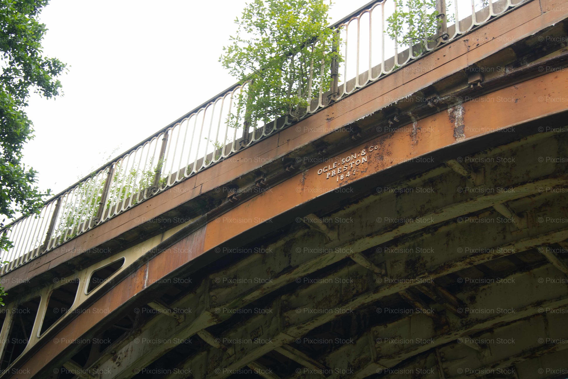Bridge with metal railing and visible wear, surrounded by greenery.