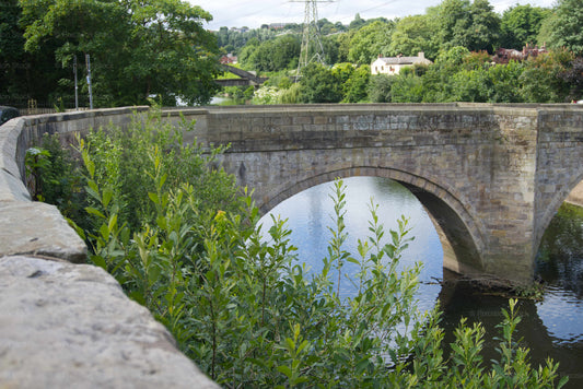 The historic 1677 stone arches of Ringley Old Bridge crossing over the calm River Irwell, framed by lush green bushes in the foreground.